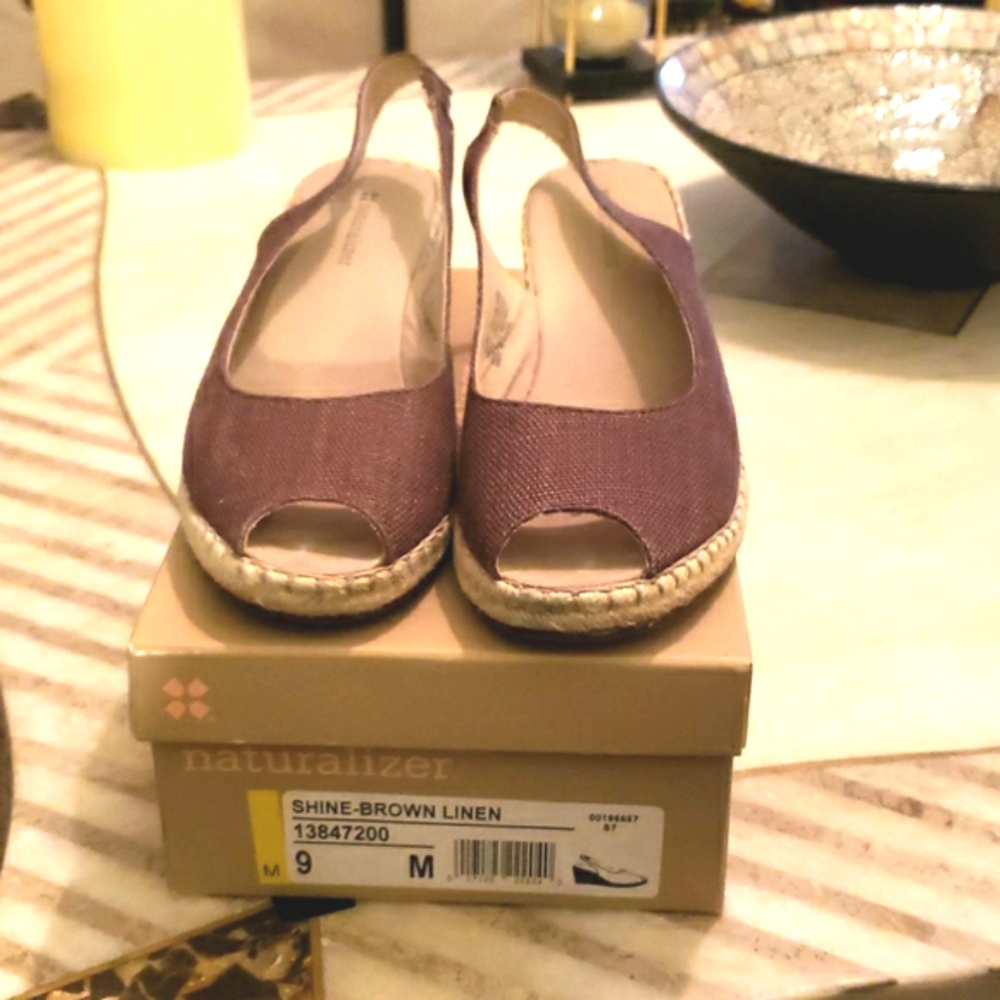 Naturalizer Brown Linen Peep-Toe Slingback Espadrille Sandals